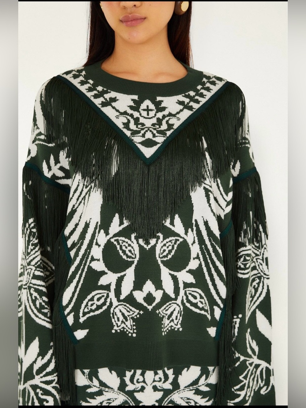 NWT Farn Rio Miranda Dark Green and White Fringe Knit Sweater size S. - Picture 2 of 11